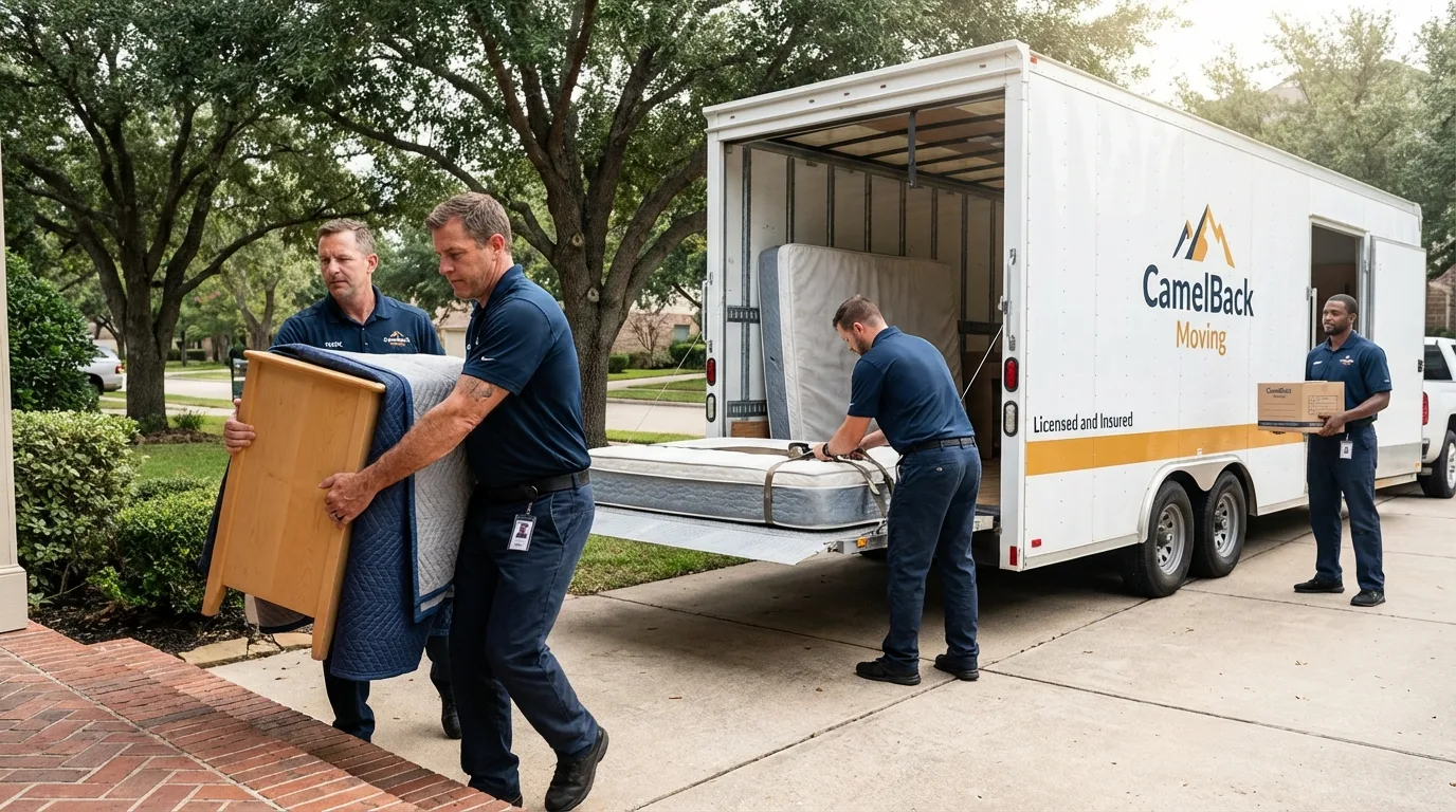 Crew loading residential truck for cross-state move from Terra Bella, CA