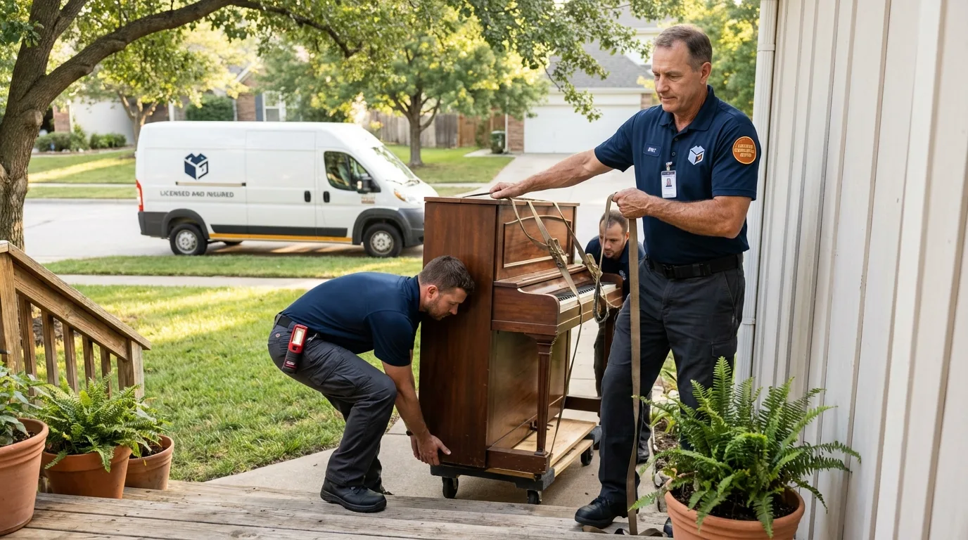 Licensed piano movers securing grand piano in Terra Bella, CA