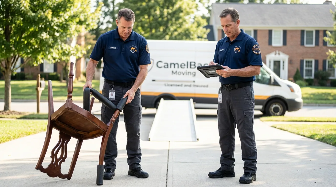 Movers inspecting furniture for damage prevention before loading in Terra Bella, CA