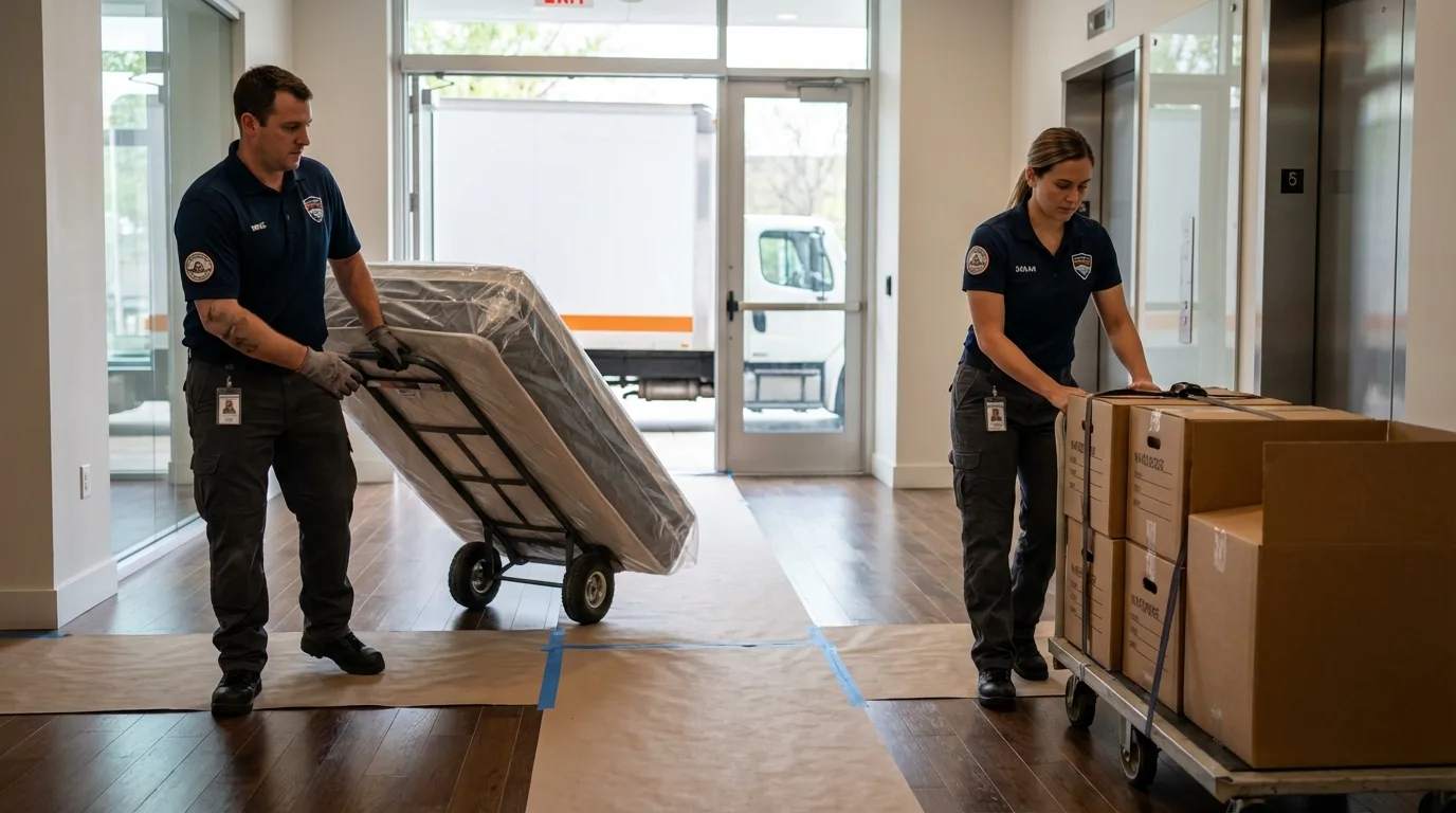 Professional apartment movers loading elevator in Terra Bella, CA