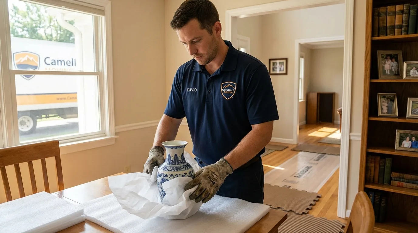 Professional crew carefully wrapping antique vase for senior downsizing move in Terra Bella, CA